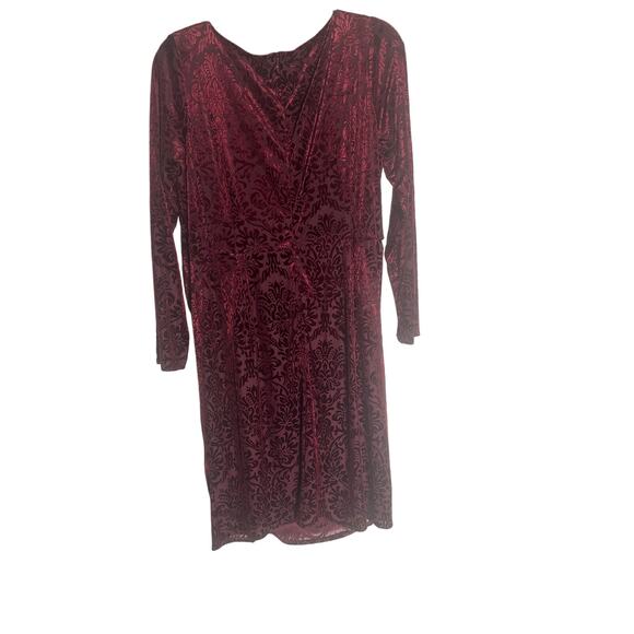 DB Studio Women's 18 Burgundy Velvet Ruched Midi Dress Long Sleeve Elegant - Picture 2 of 14